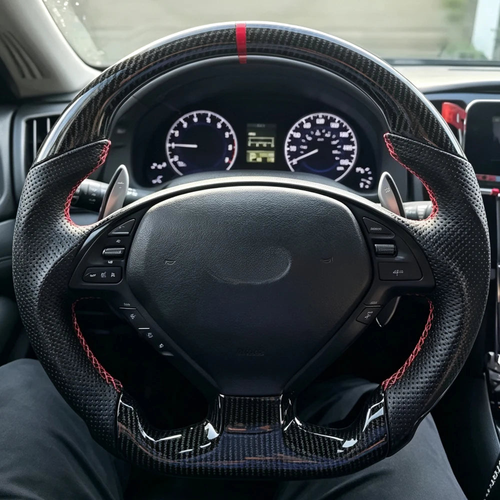 Hydro Dip Carbon Fiber Steering Wheel Red Stitching Center Line For INFINITI G25 G35 G37 QX50 Q60 2009-2013 Car Accessories