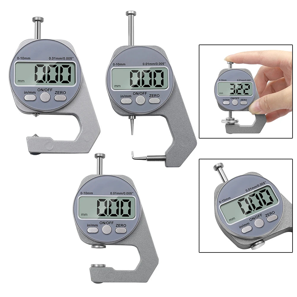 0-10mm Digital Thickness Gauge with Aluminum Body and Stainless Steel Flat Elbow Pointed Measuring Heads for Lab Use