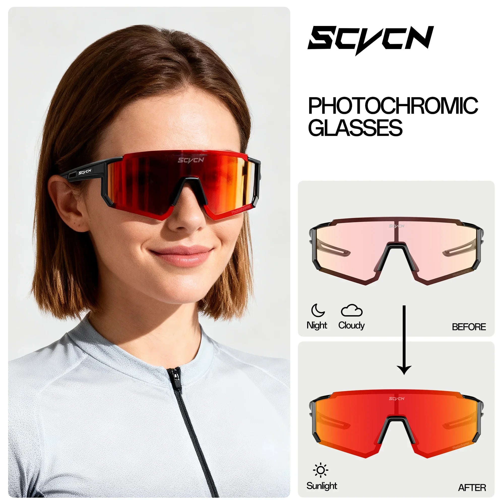 SCVCN UV400 HD Photochromic Hiking Glasses Sports Sunglasses Outdoor Road Fashion Cycling Glasses Windproof MTB Bike Sunglasses