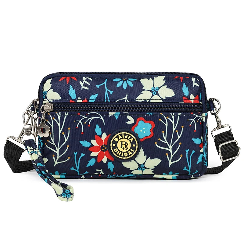 Lightweight Utility Crossbody Bag Durable Nylon Canvas Floral Print Multi Compartment Secure Zipper Women Travel Handbag