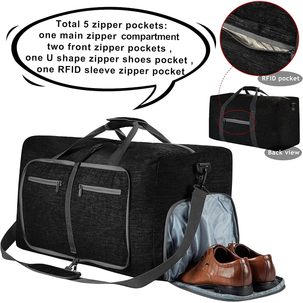 Travel Duffle Bag for Men 65L Foldable Outdoor Travel Duffel Bag with Shoes Compartment Overnight Bag for Men Women Handbag