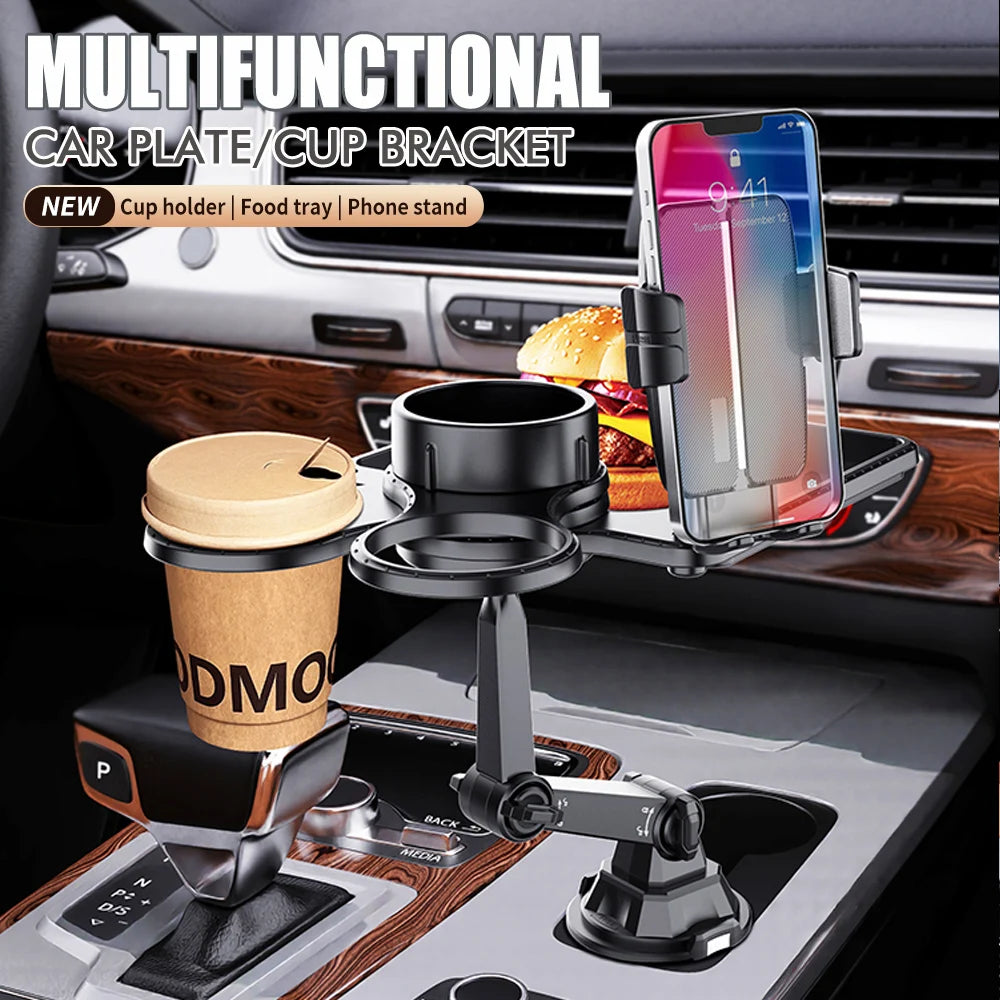 Car Dual Cup Holder Expander With Tray Phone Holder 360 Adjustable Table Slot Food Organized Tray Portable Drink Stand