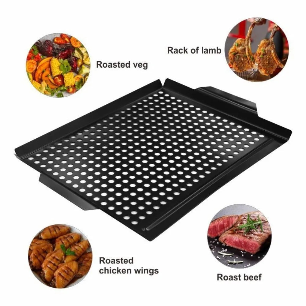 Grill Tool Heat Resistant Barbecue Grill Pan Non-Stick Coated with Drain Holes Grill Basket Cast Iron Square Grill Tray Picnic