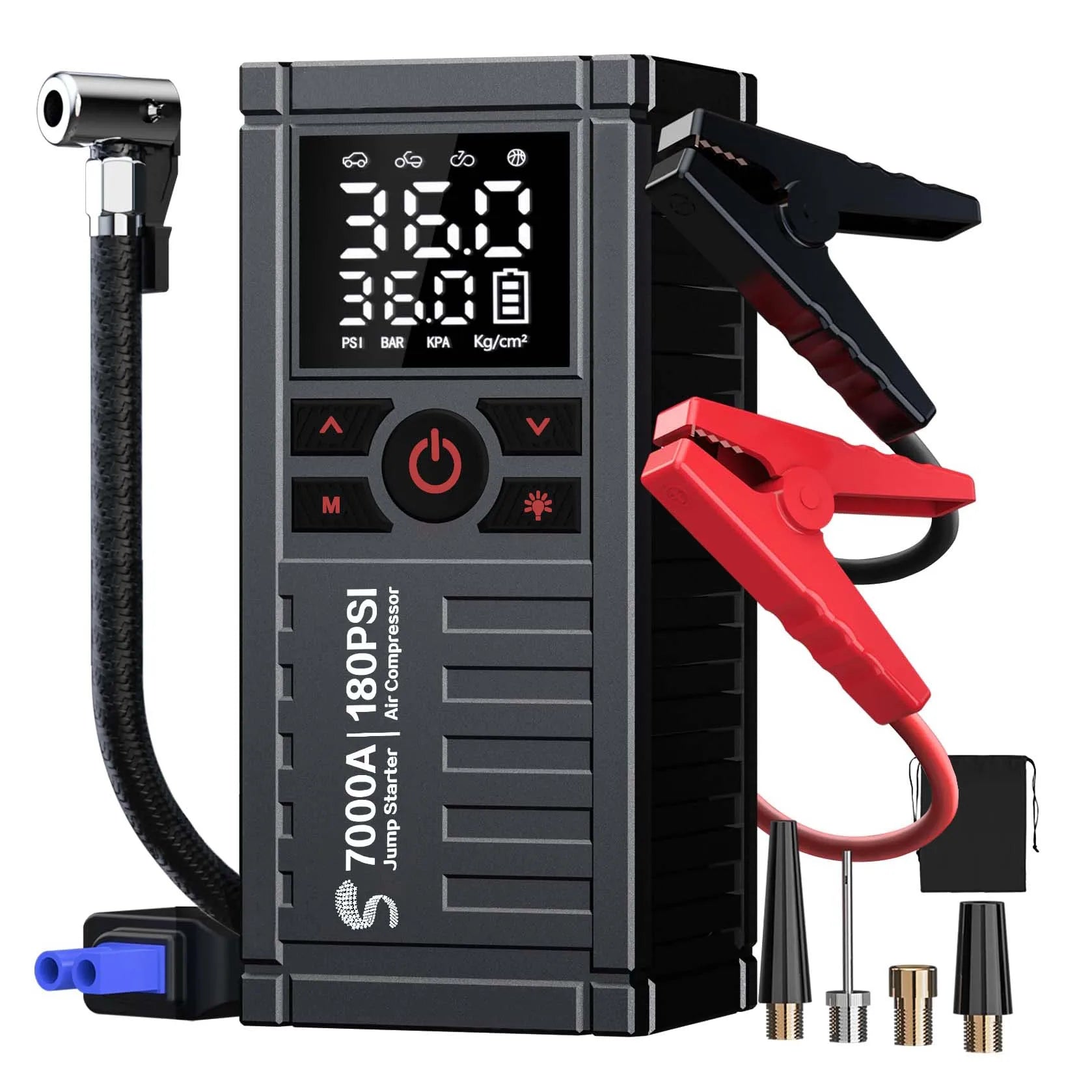 Jump Starter with Air Compressor, 7000A 180PSI Car Battery Jump Starter Jump Box (All Gas/12.0L Diesel), Battery Charger, LED