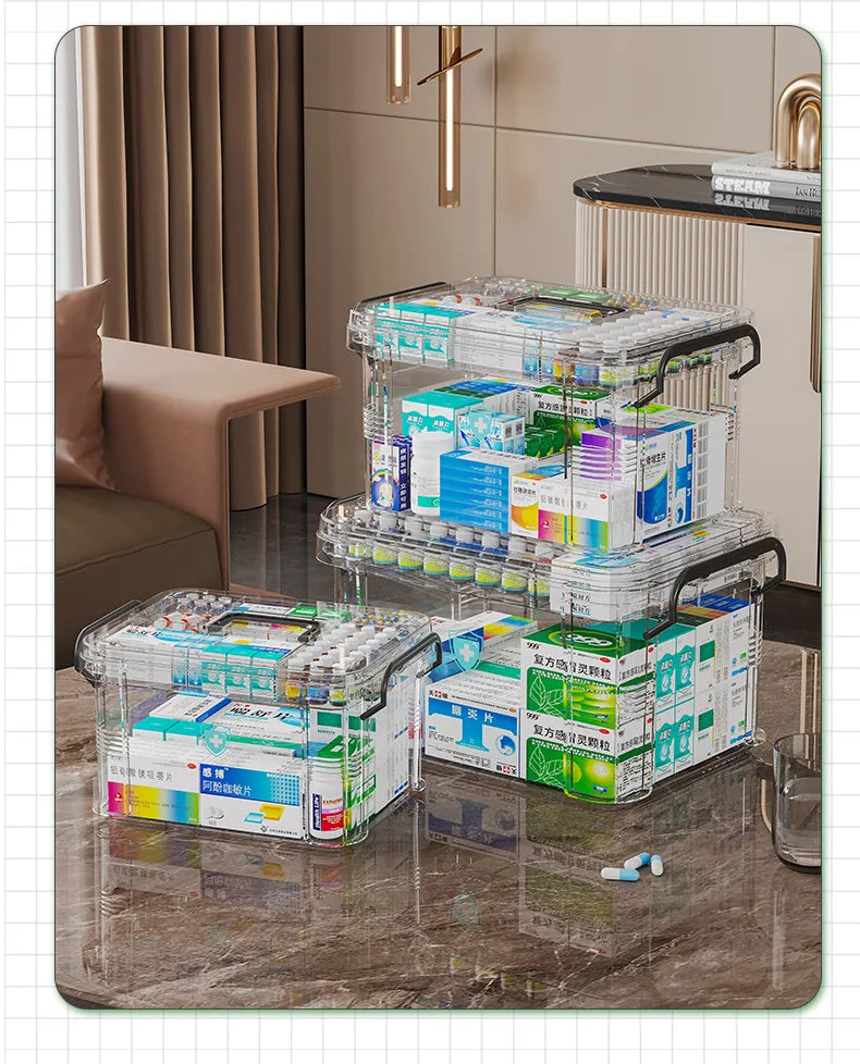 Transparent Double-Layer Medical Box Portable First Aid Medicine Box Home Handheld Large Capacity Child Medication Organizer