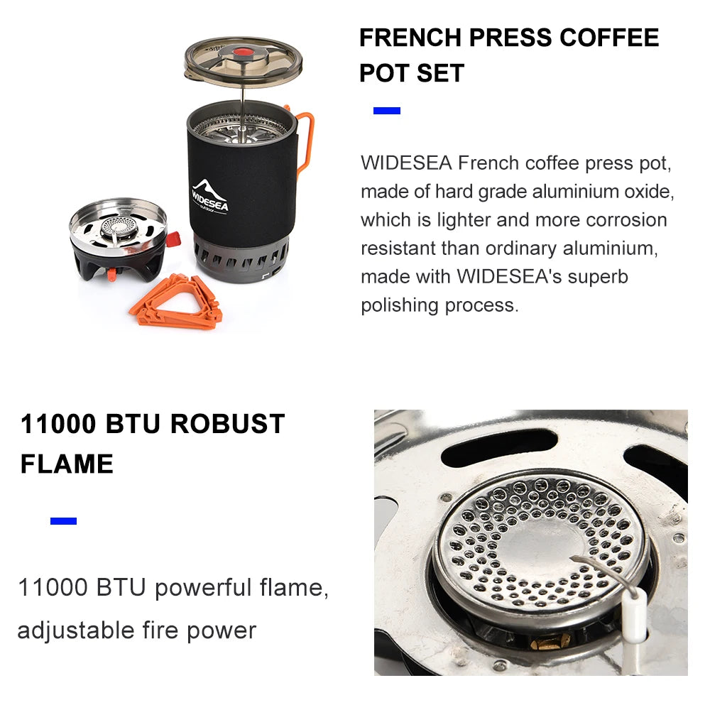 Widesea Portable Camping Coffee Maker Set French Press 0.9L Coffee Pot 1100BTU Gas Stove with Anti-scalding Cover for Outdoor Hi