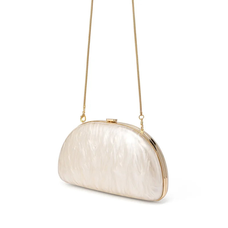 White Shell Shaped Hand-held Box Bag Lipstick Bag New In Fashion Oval Clutch Bag Women Elegant Pearly Luster Chain Crossbody Bag