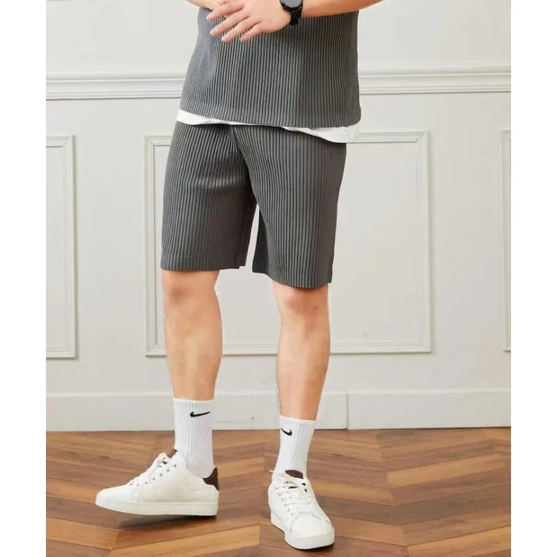 Miyake Pleated Shorts Set 2026 Summer New Sleeveless T-Shirt + Five-Point Pants Loose Versatile Youth Personality Simple Casual