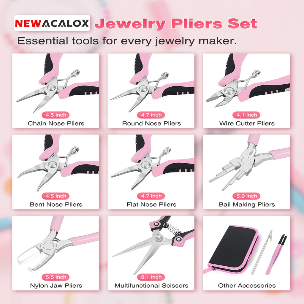 NEWACALOX 8Packs Jewelry Pliers Set, Jewelry Making Tools with Needle Nose Pliers Round Nose Pliers, Chain Nose Pliers for Craft