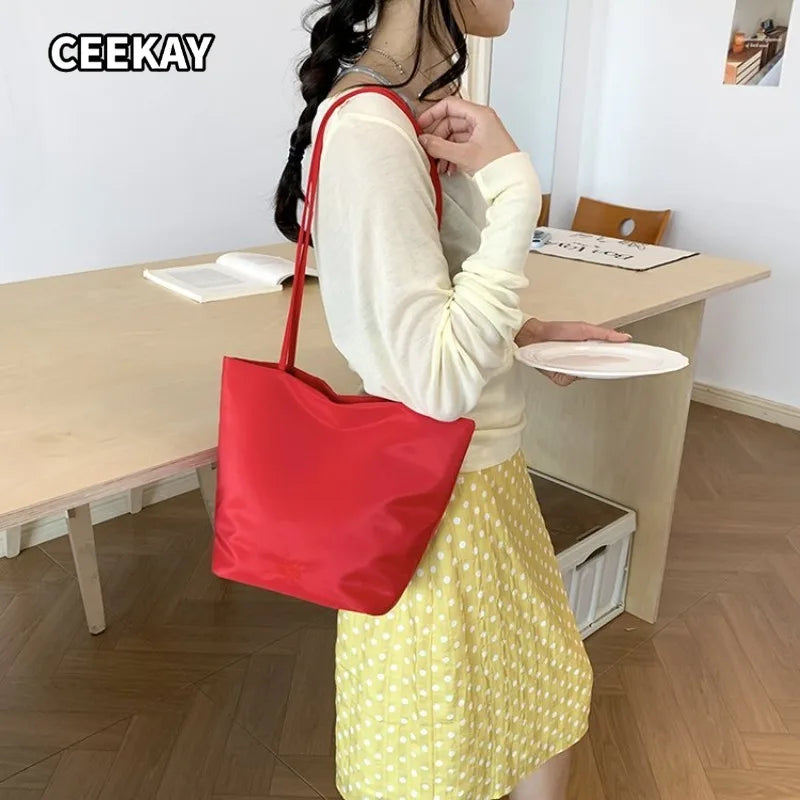 CEEKAY Women's Tote Bag Red Nylon Large Capacity Shoulder Handbag Zipper Closure Daily Commute Casual Lightweight Style
