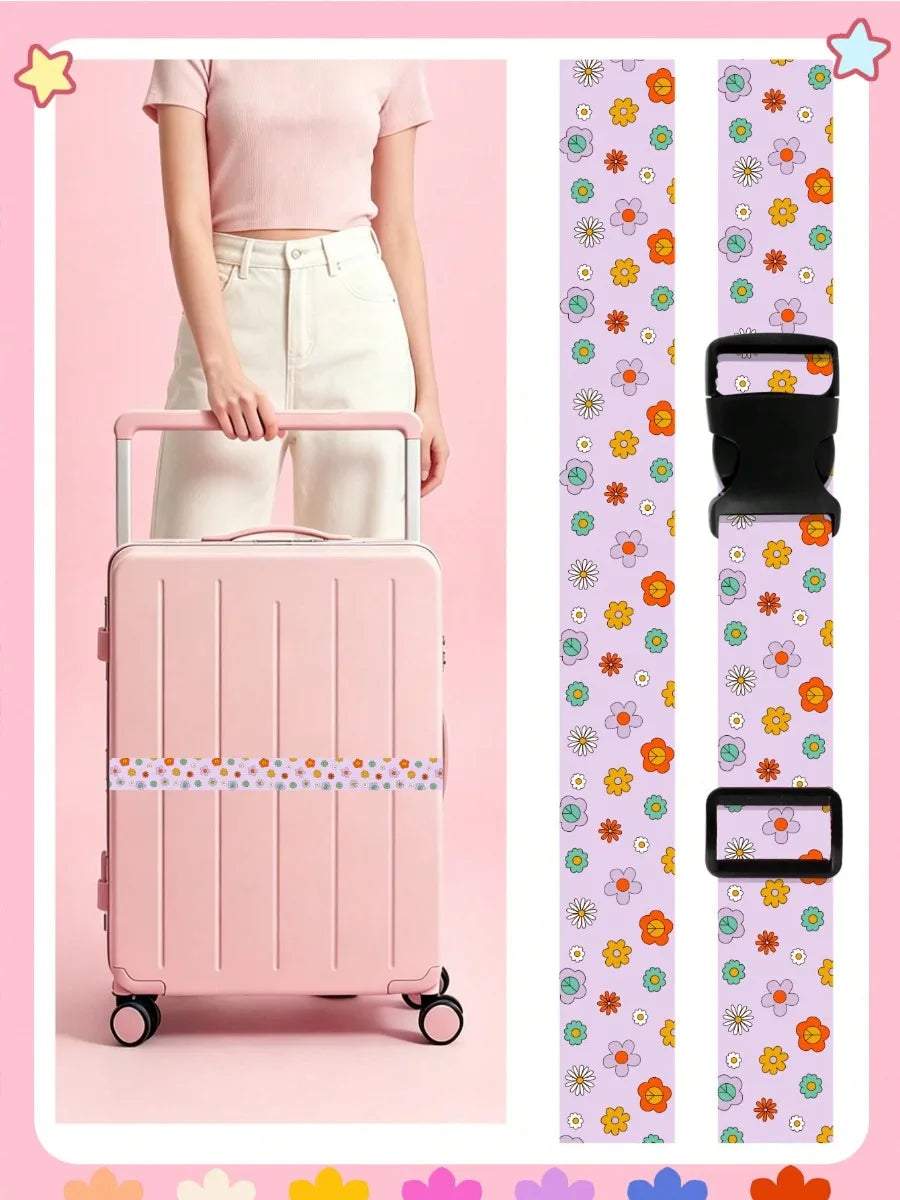Adjustable Luggage Strap for Suitcase, Cute Print Travel Luggage Belt with Buckle, Soft Fabric Anti-loose Suitcase Binding Strap