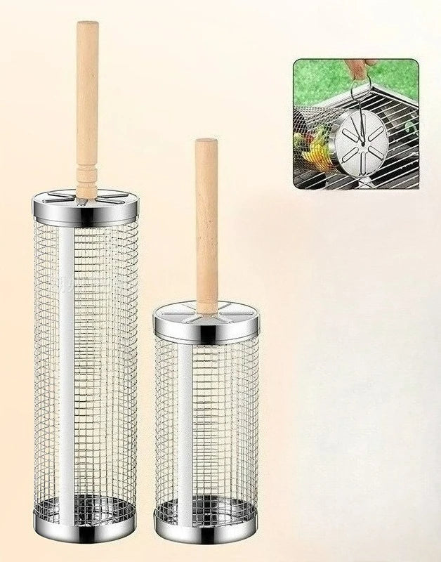 Rolling Grill Basket with Removable Wooden Handle,304 Stainless Steel,Nesting Grilling Tool,Smoker BBQ Accessories for Vegetable