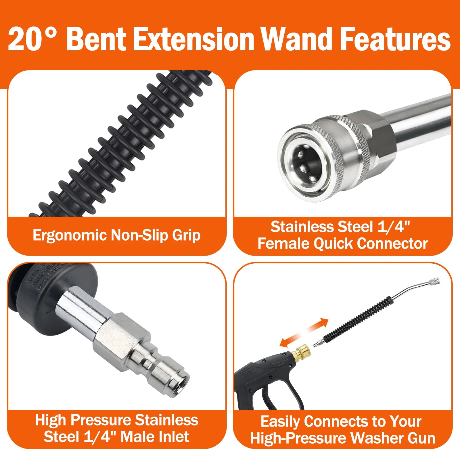 Car Pressure Washer Extension Wand Power Washer Wand Extension for Car Wash Stainless Steel Non-Slip Grip with1/4” Quick Connect