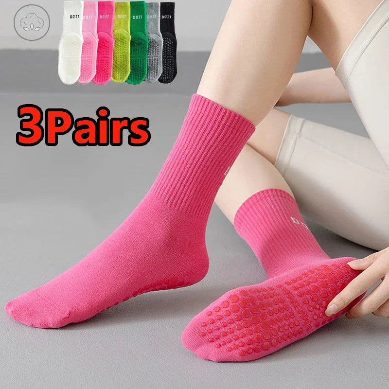 3Pairs Yoga Socks for Women Cotton Solid Mid Calf Pilates Socks Simple Sports Dance Fitness Training Cushion Socks
