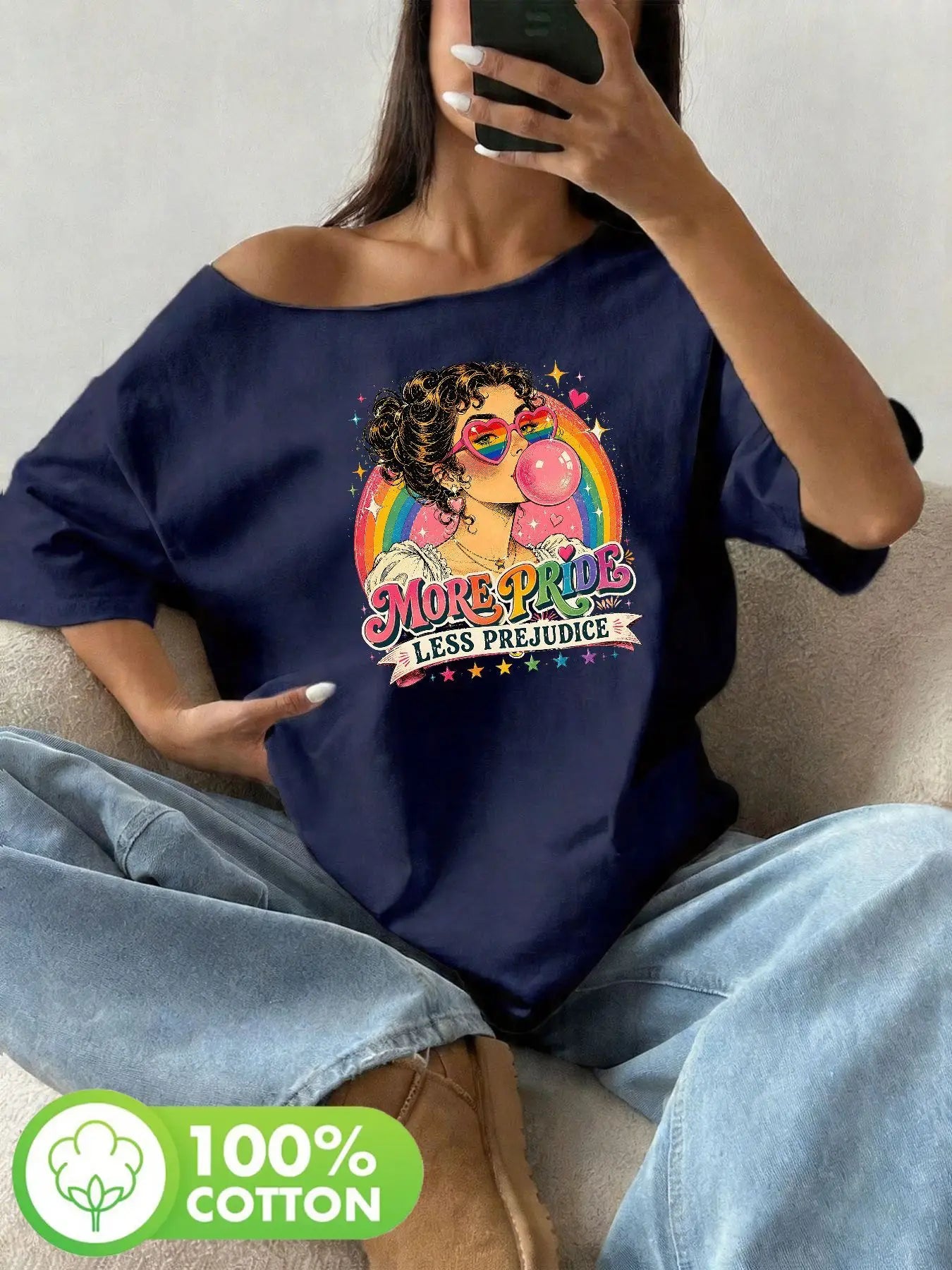 Plus Size Women's Retro Rainbow Pride Heart Sunglasses Graphic Tee 100% Cotton Shoulder Loose Print T-Shirt Oversized Y2K Sty