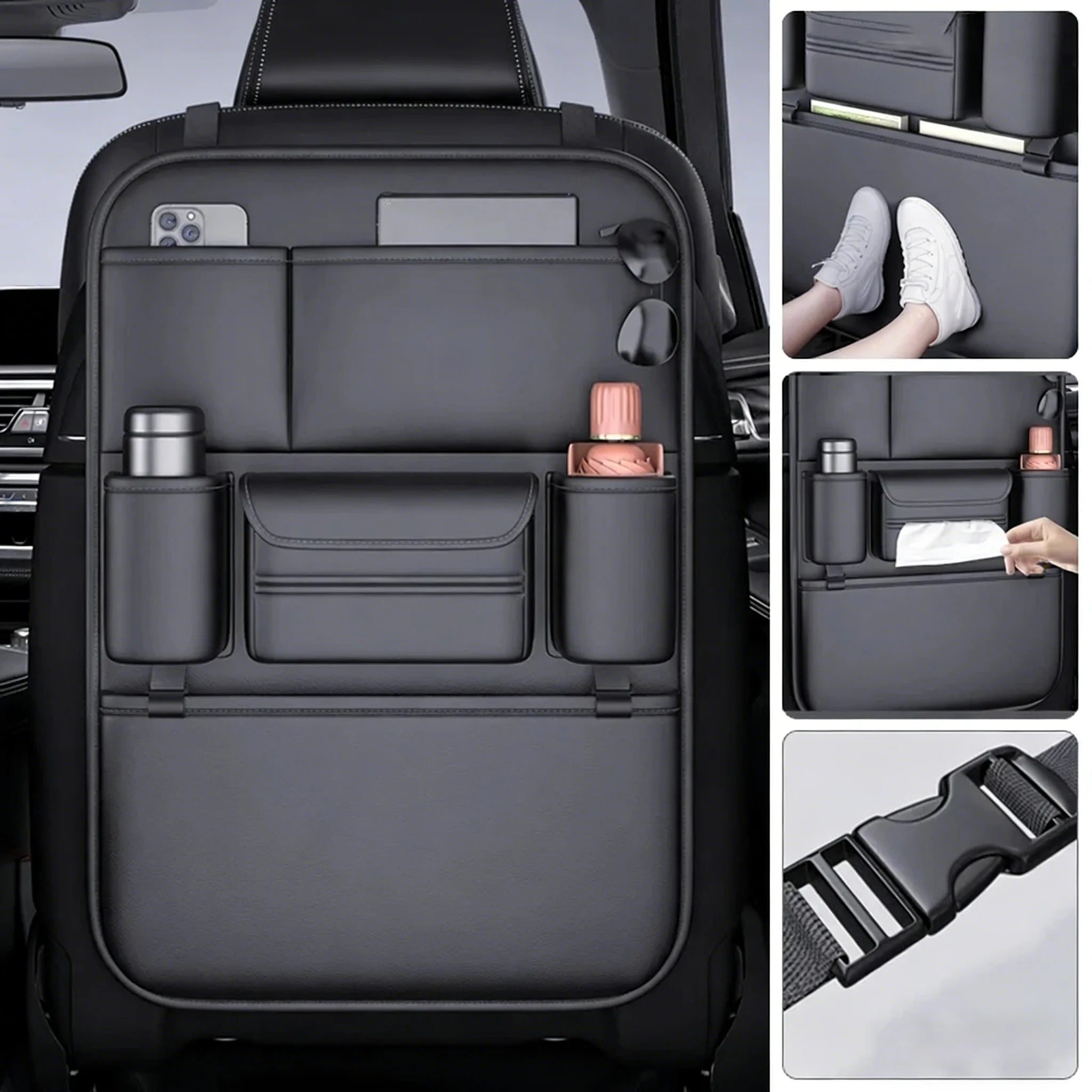 HOMEFISH 6-Pocket Car Seat Back Storage Bag Wear-Resistant Car Backseat Organizer Tissue/Cup Holder Waterproof Anti-Kick Pad