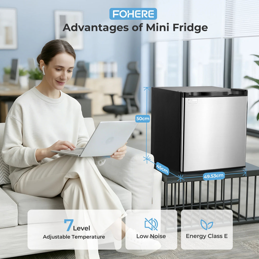 Mini Fridge 1.6 Cu.ft, Compact Small Drinks Refrigerator, Energy E, Adjustable Thermostat, Apartment, Bedroom, Stainless Steel