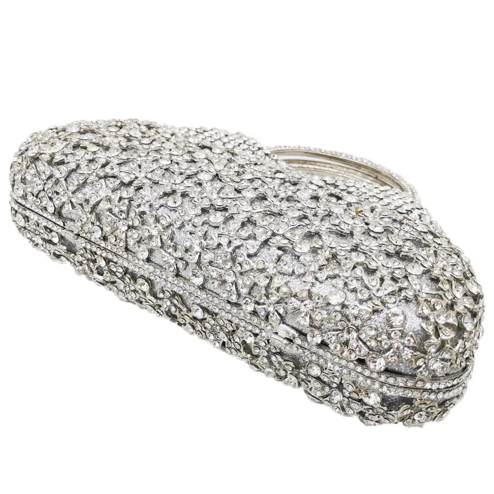 Boutique De FGG Elegant Silver Crystal Clutch Bags for Women Formal Party Totes Handbags Bridal Wedding Rhinestone Purses Bag