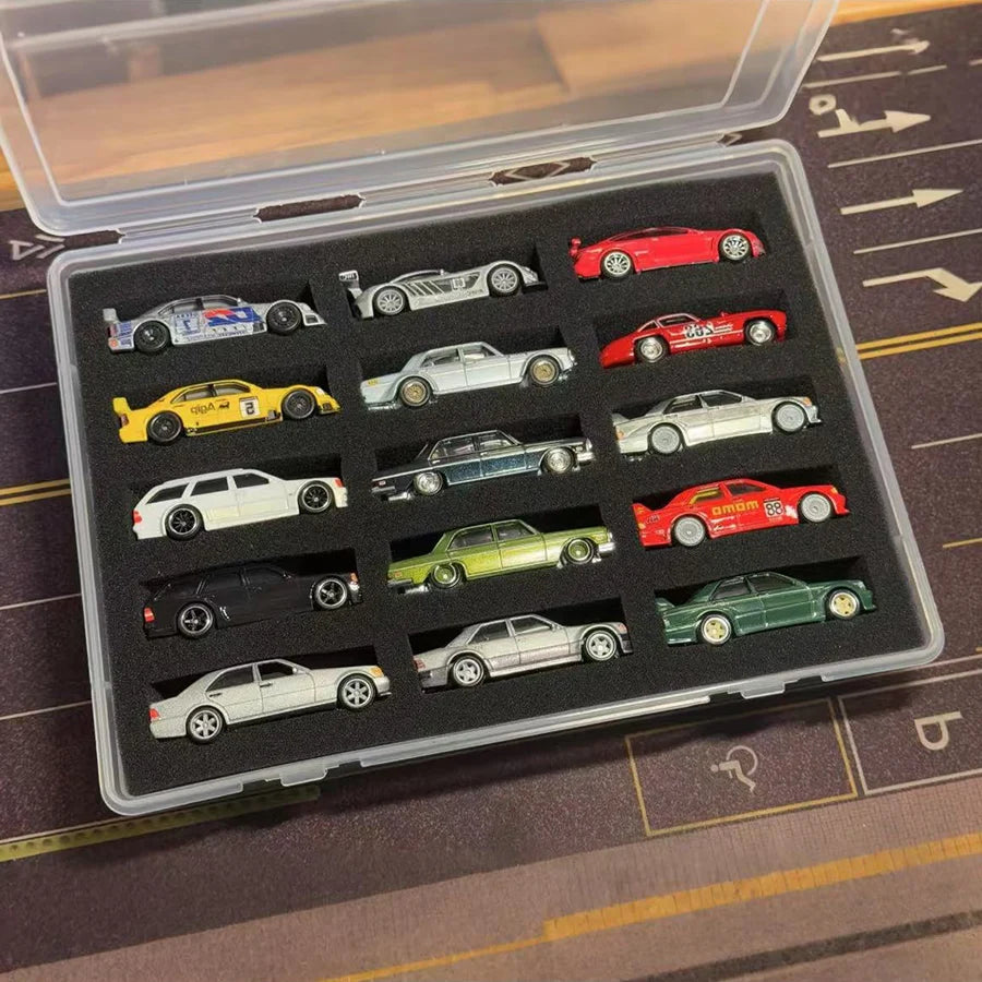 Transparent Storage Box with Lid and Cotton Plate, 15-position Display Case for 1/64 Car Models, Hot Wheels Showcase