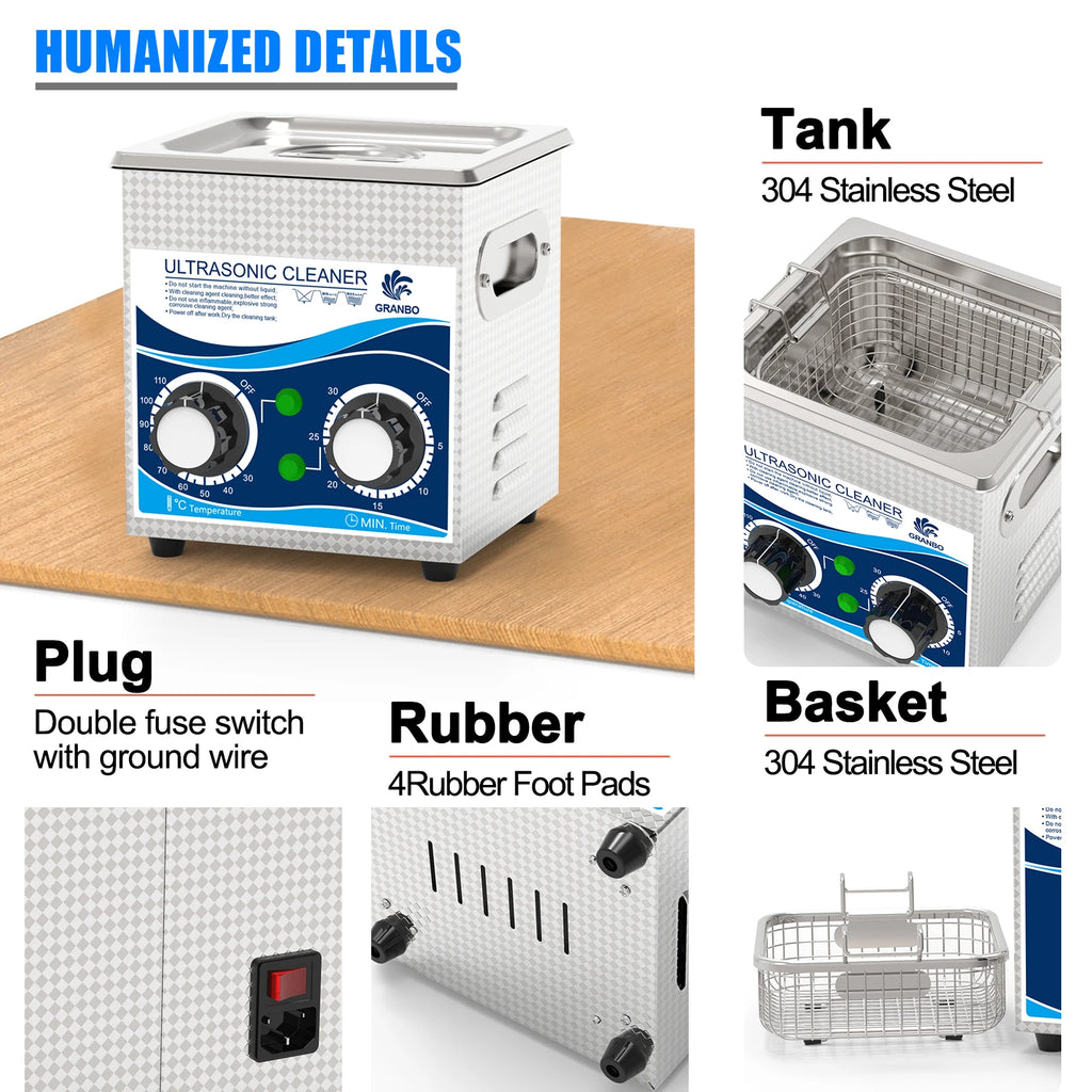 Granbosonic 1L 60W/120W Ultrasonic Cleaner Machine Stainless Steel With Heater Timer Jewelry Glasses for Home
