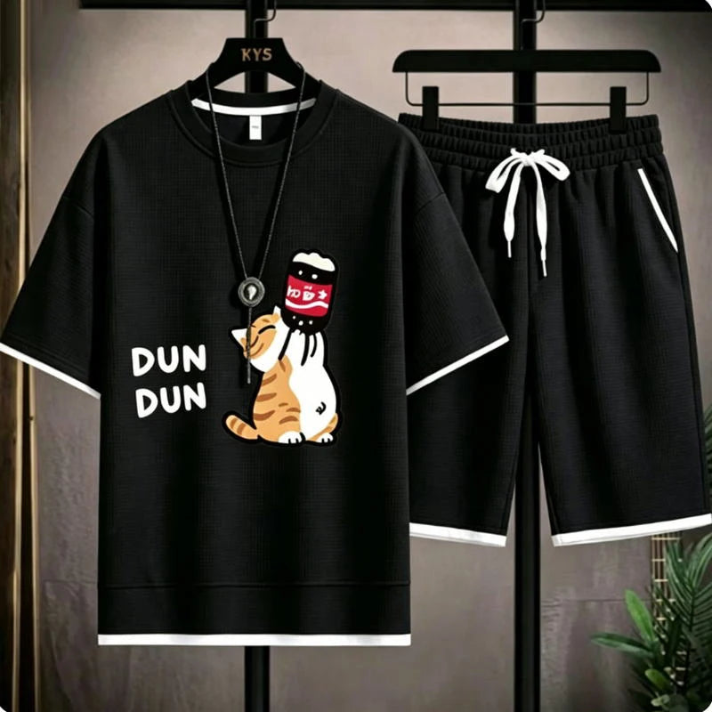 Cute cartoon cat funny print pattern loose short-sleeved set for men - casual waffle-style sports outfit