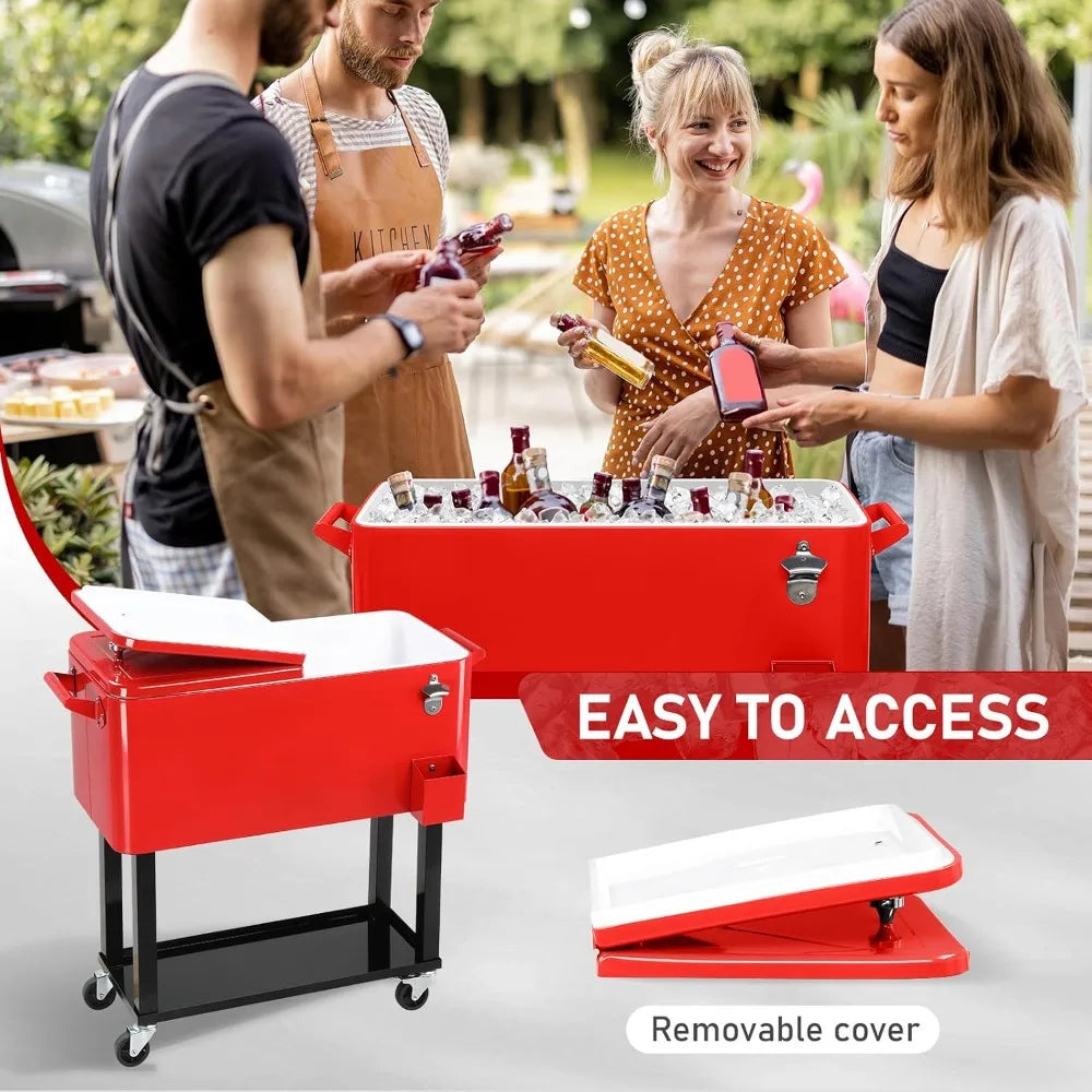 80 Quart Rolling Ice Chest,Portable Bar Drink Cooler,Catch Basin,Bottom Storage Tray & Bottle Opener, Custom