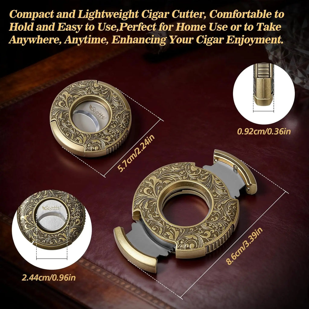 Cigar Cutter Guillotine Bronze Engraved Cigar Straight Cutter Round Shape Double Stainless Steel Blade Cigar Clipper
