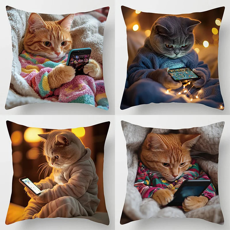 4-Piece Cute Theme Pillowcase Set – Featuring Cats Using Electronic Devices (Phones, Tablets, Laptops)