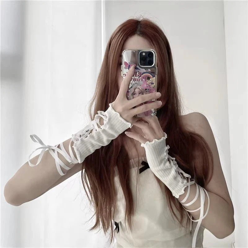 Women Strapping Lace Fingerless Hot Sexy Arm Sleeves DIY Lace-up Sunscreen Gloves Elastic Mesh Punk Gloves Mountaineering Gloves