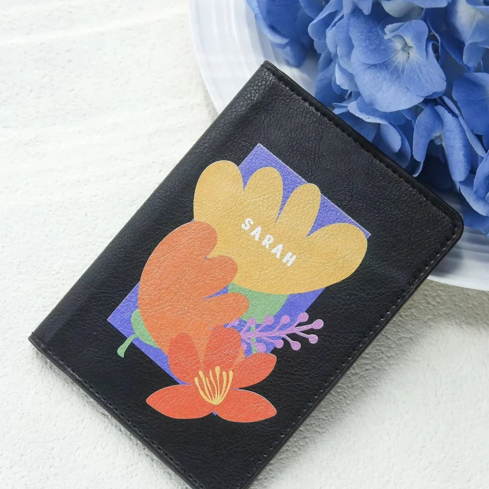 Personalized Floral Print Vegan Leather Passport Cover With Customized Name, Textured Flower Pattern Passport Holder