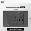 118*75mm Tempered Glass Socket US Wall Socket Thai USB Socket Plug with Dual USB Type-C Ports,Light Switch 110V
