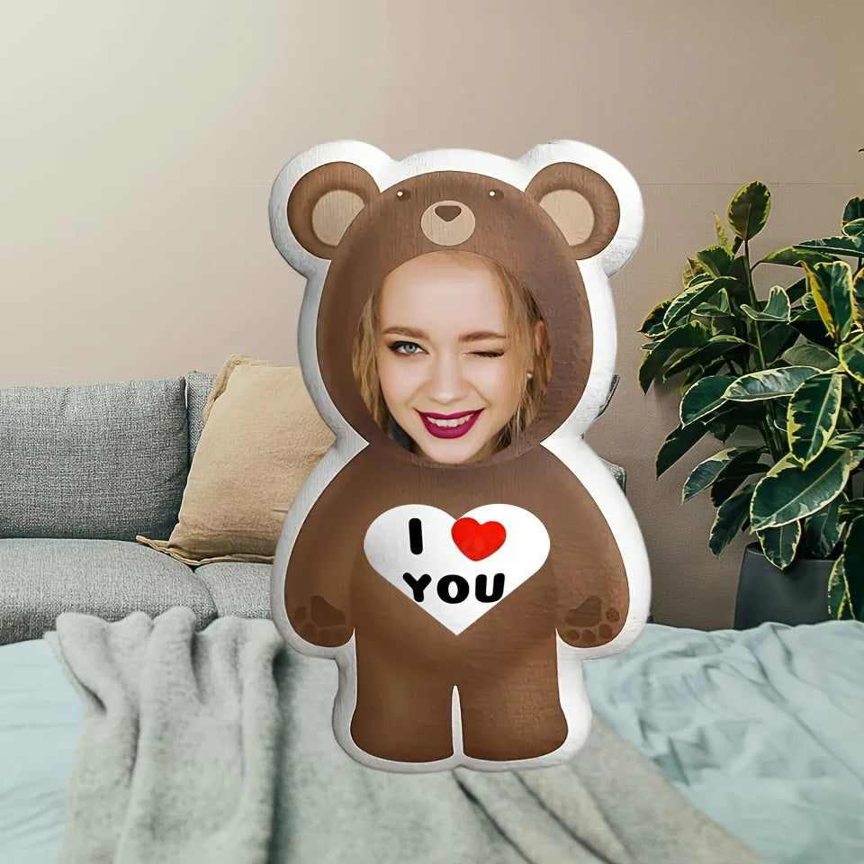 Customized Photo Bear Pillow Personalized 'I Love You' Facial Plush Ideal Gift for Loved Ones. Soft and Comfortable Short Plush