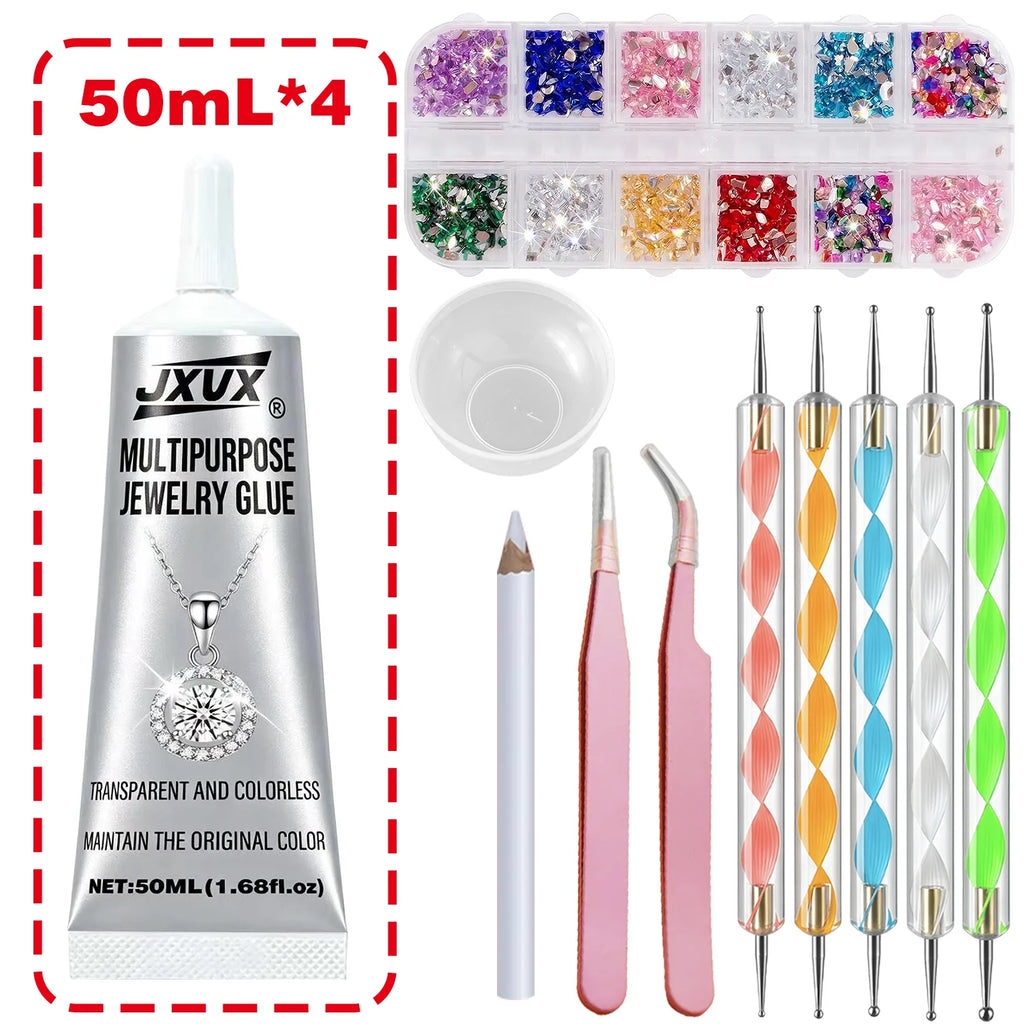 JXVX B7000 Jewelry Glue for Rhinestones,Flexible Super Glue Gel with Precision Tip Multi Function Clear Gem Glue Fabric Adhesive for Cloth Metal Stone Bead Jewelry Making Wood Glass 4pcs.