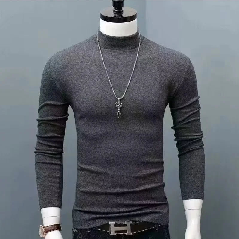 2026 Autumn Winter Men's High Neck T-shirt Slim Fit Fashion High Elastic Long Sleeve Cotton Casual Breathable Apparel Pullover