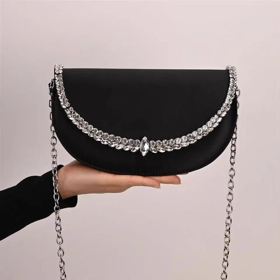 Luxury Satin Moon Bag Glitter Rhinestones Diamond Evening Bag Fashion Women Handbag Wedding Party Clutch Purse Shoulder Bag
