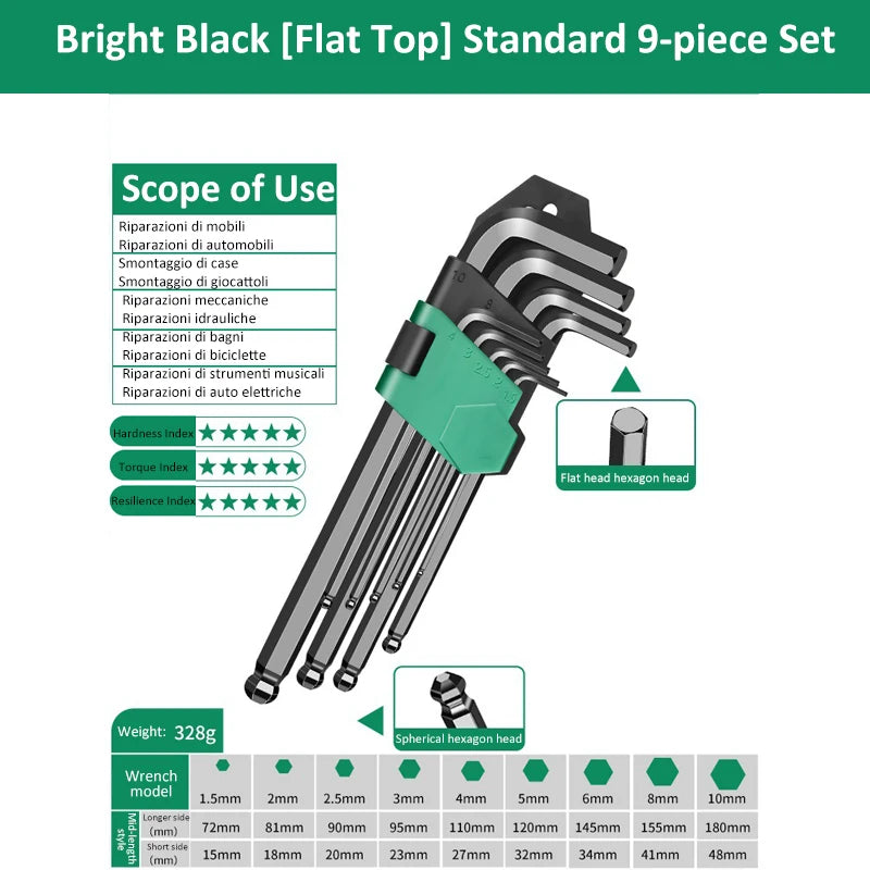 9Pcs Hex Wrench Set L Type Allen Key Set 1.5-10MM Hexagon Flat Ball Torx Star Head Spanner Screwdriver Set Household Hand Tools