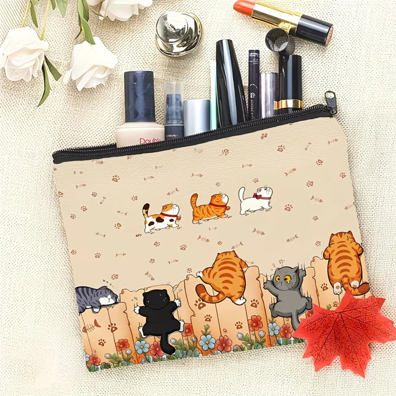 Multi Style Cat Printed Canvas Bag With Zipper Hand-Held Coin Purse Cosmetics Storage Fade-Resistant Cosmetic Bag Gift Friends