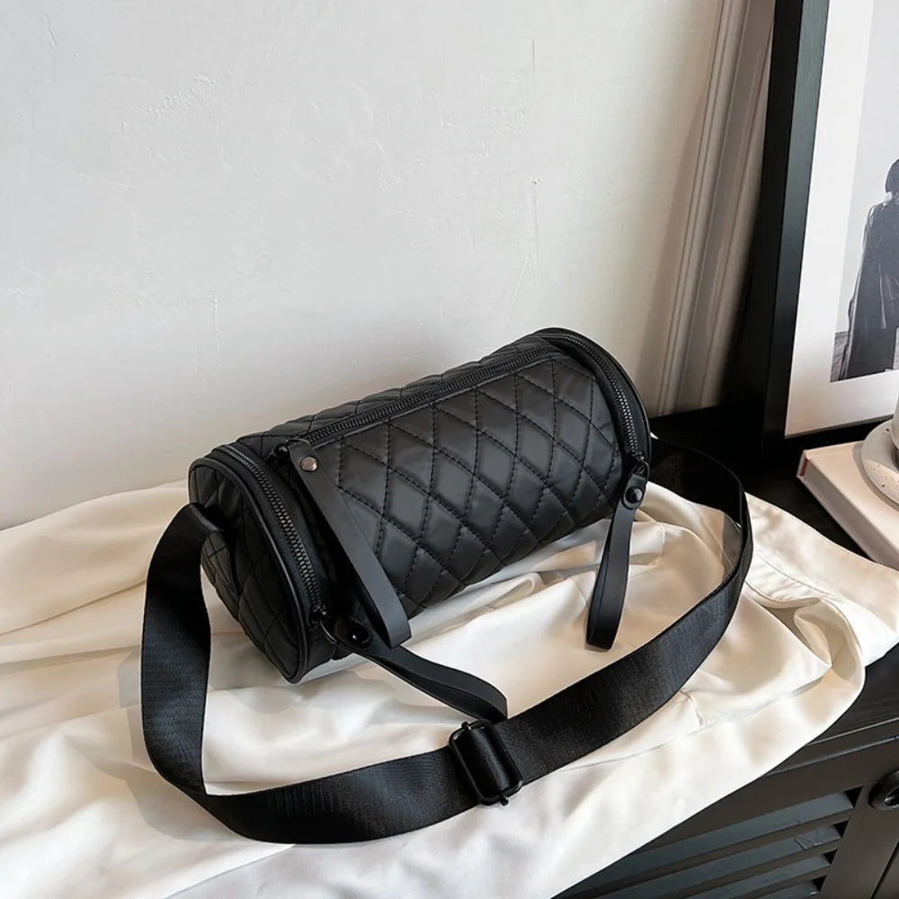 Simple Solid Color Cylinder Bag Round Diamond Bucket Bag Nylon Wide Shoulder Strap Barrel Bag Travel