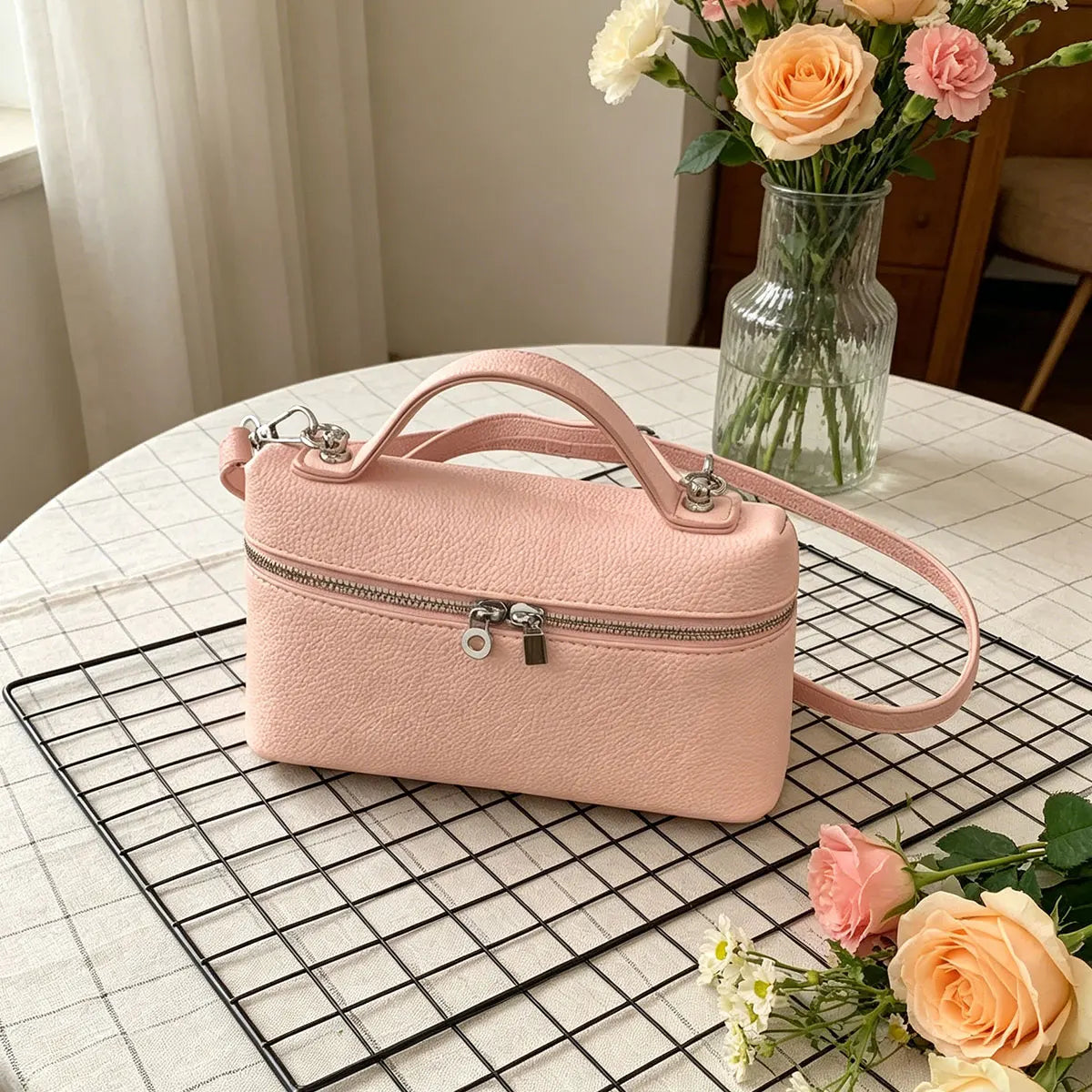 Fashionable and Sweet Dopamine Colored Diagonal Cross Bag Litchi Pattern Hand-held Box Bag Daily Commuting Versatile Square Bag