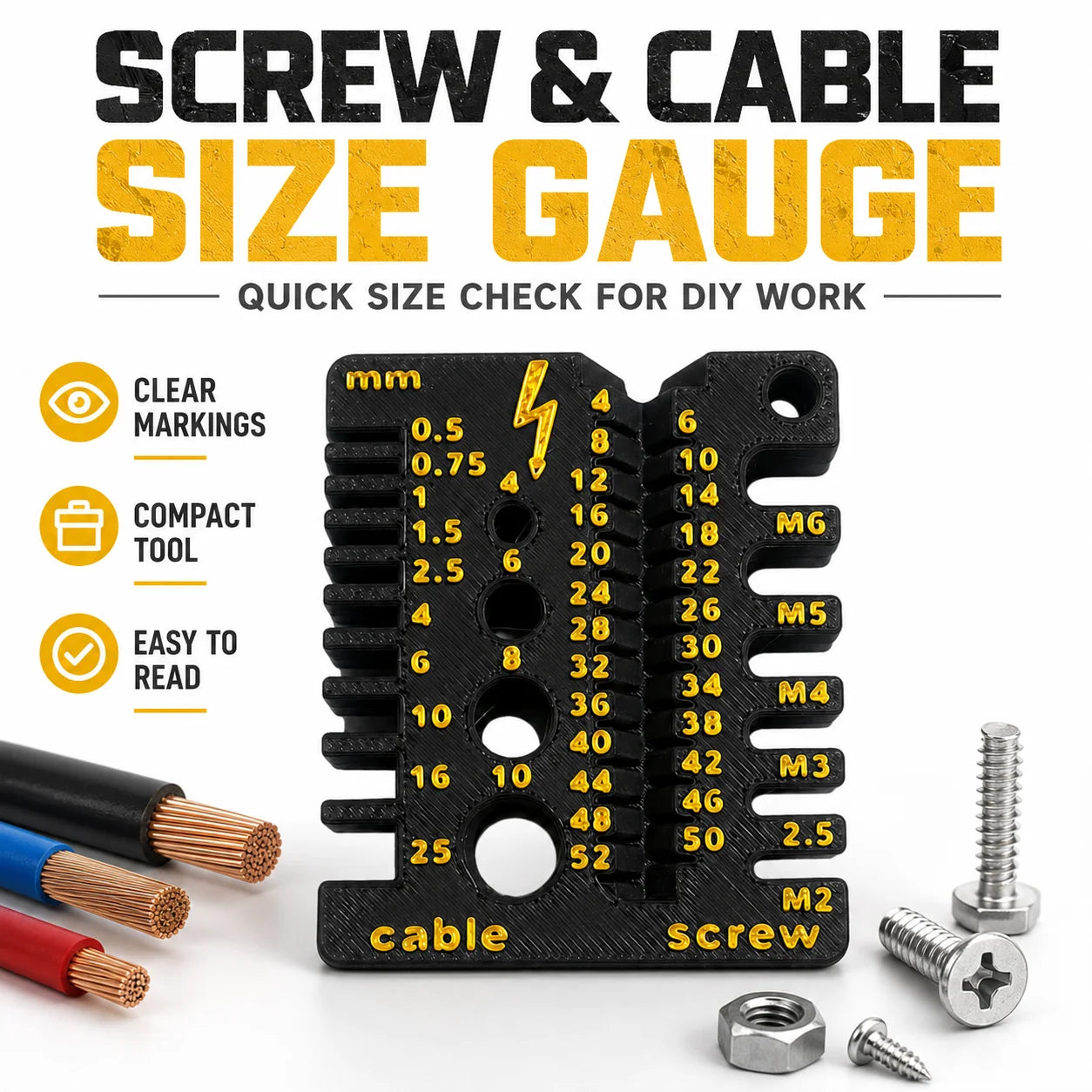 Screw & Cable Size Gauge, Metric Thread Measuring Tool for M2-M6 Screws & Wire Cables, Compact DIY Toolbox Tool