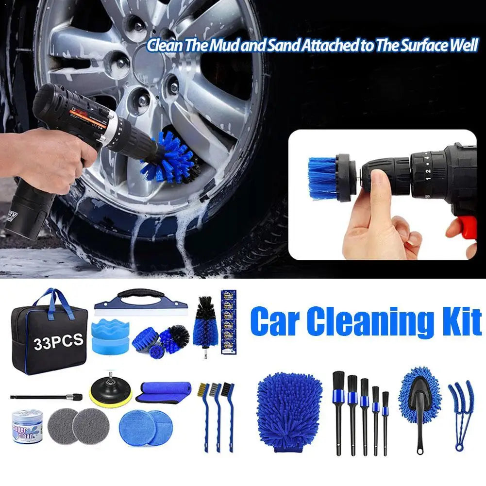 33pcs Car Interior Cleaning Brush Set For Air Outlet Tire Rim Drill Brush Sponges Auto Interior Dirt Dust Cleaning Tool