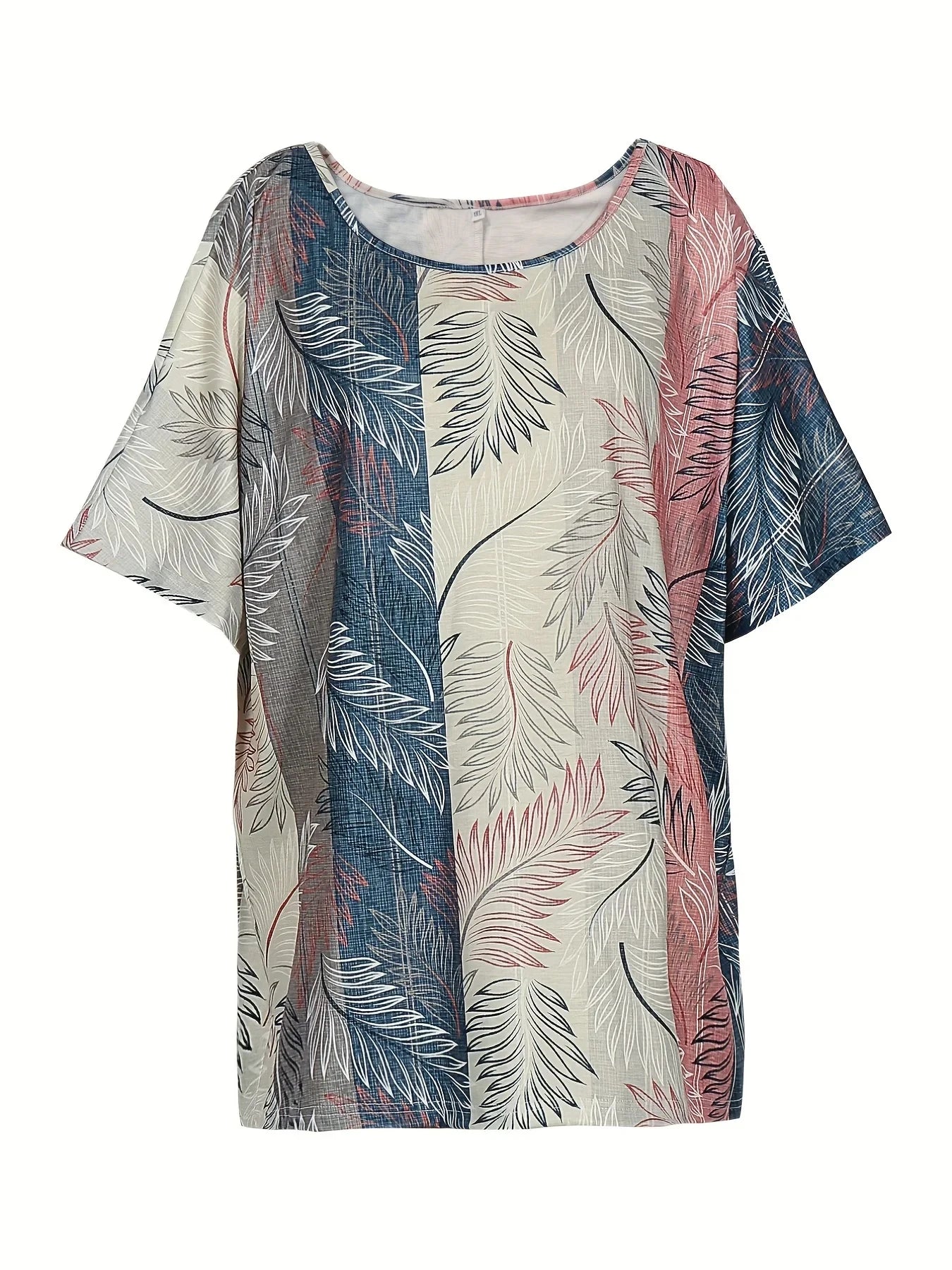 Plus Size Casual Top, Women's Plus Colorblock Leaf Print Short Sleeve Round Neck Tee