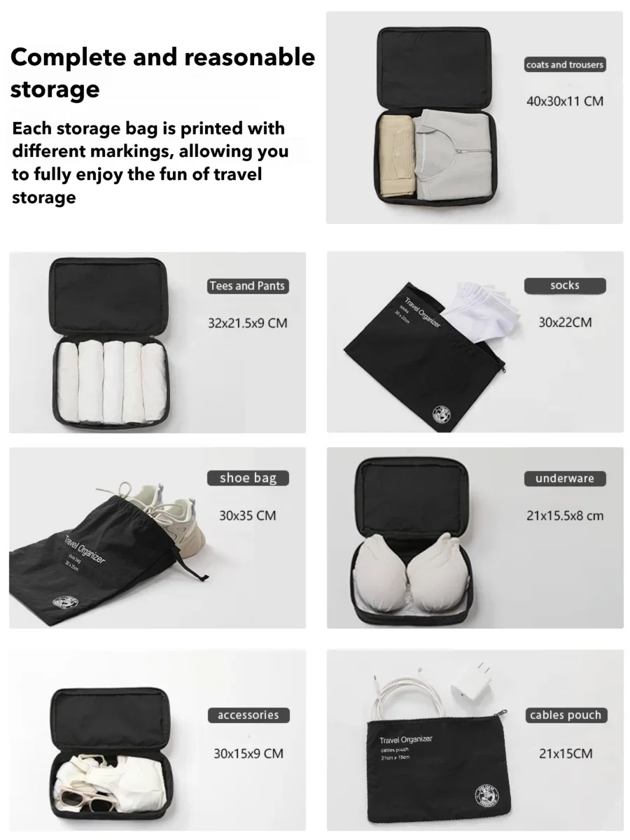 7Pcs Travel Organizer Storage Bag Set, Suitcase Packing Cubes, Portable Wardrobe, Luggage, Clothes, Underwear, Shoe Tidy Pouch