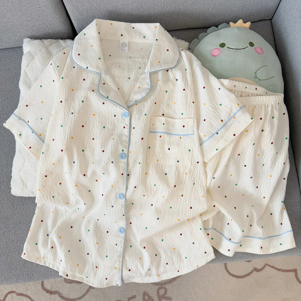 Women's Summer Pajamas, Thin Polka Dot Pattern Short-Sleeved Shorts, Sweet and Cute, Can Be Worn Outside in Summer, Two-Piece Home Wear Set