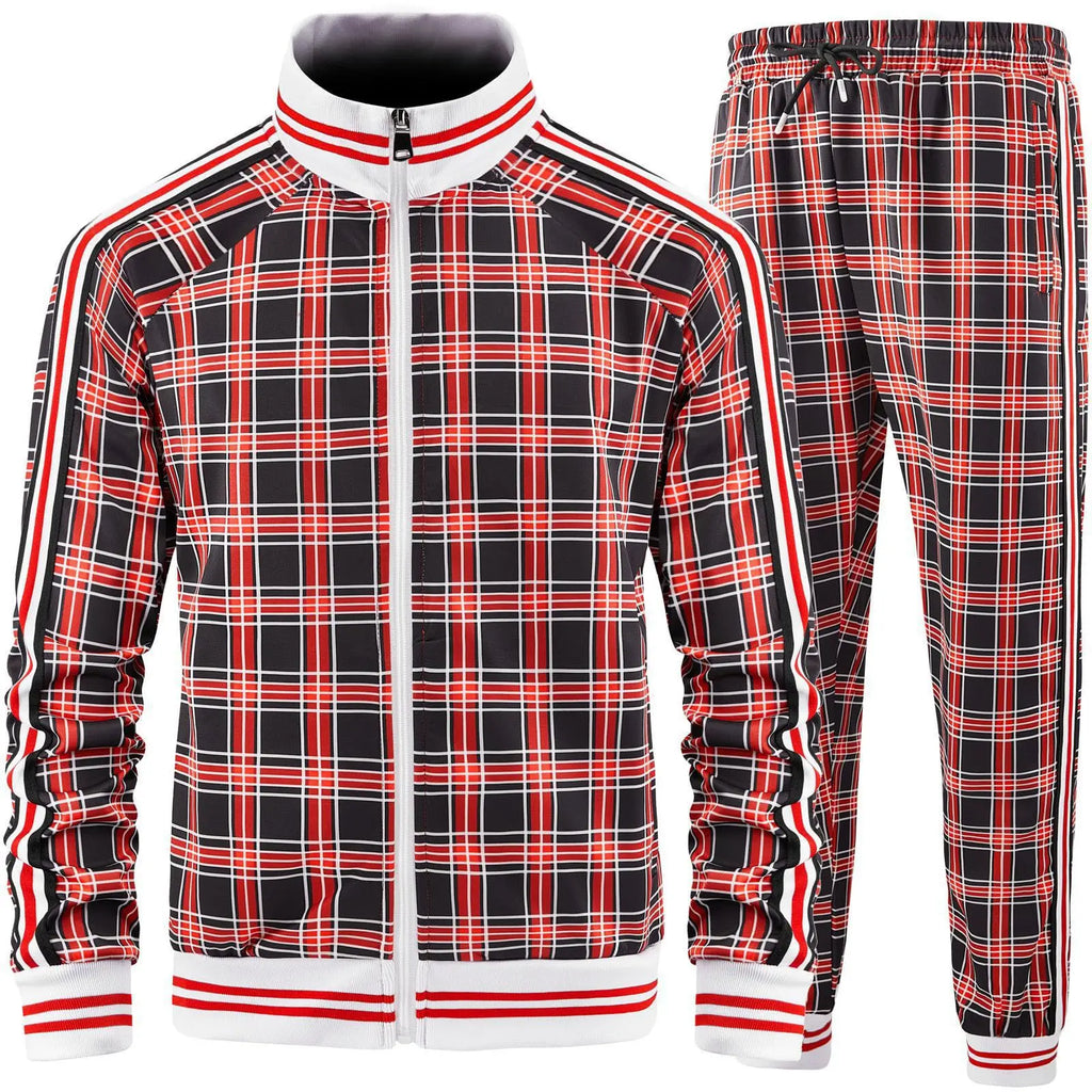 New Spring Autumn Plaid Printed Mens Zipper Jacket Sports Wear Sweatshirt Casual Outdoor Sports Checks Tracksuit Coat+Pant Set
