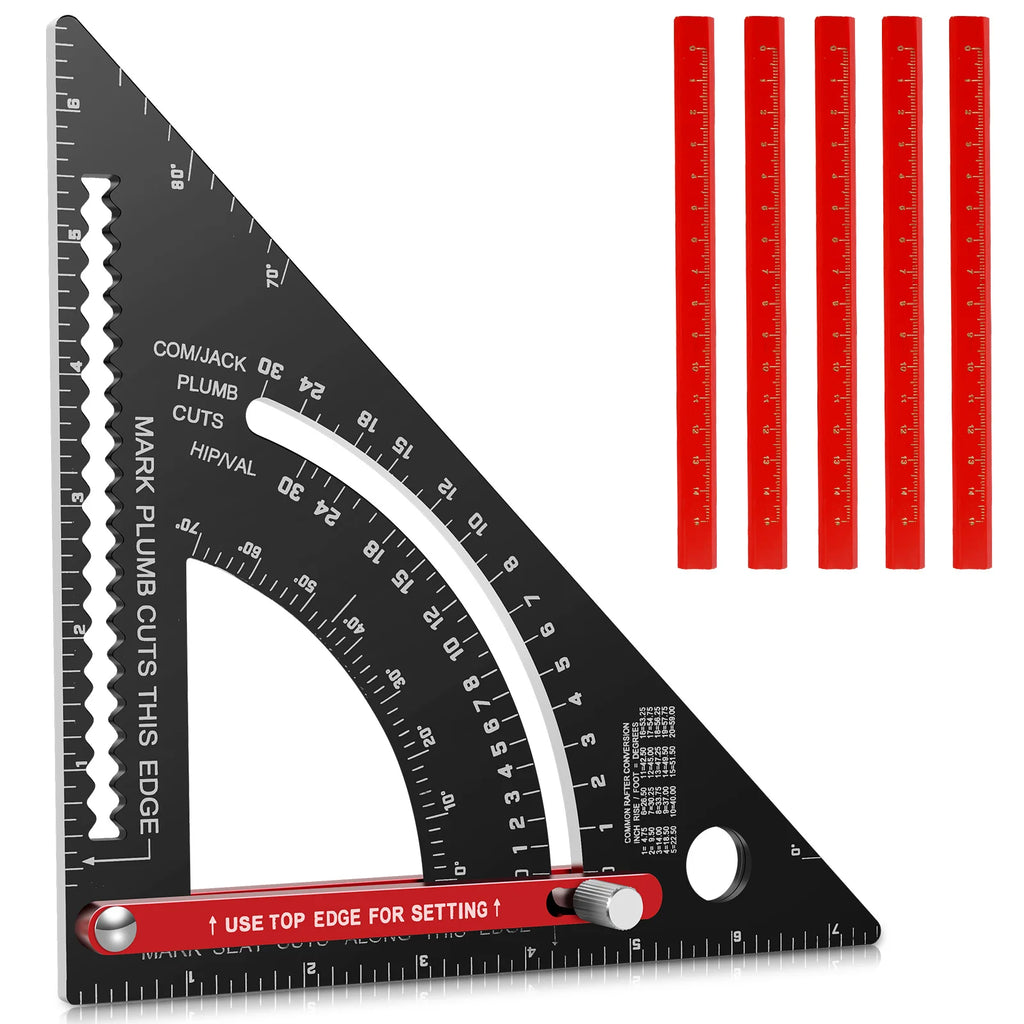 7'' Woodworking Triangle Ruler Aluminum Alloy Rafter Square Adjustable Triangle Ruler with Pencil for Measuring Woodworking Tool