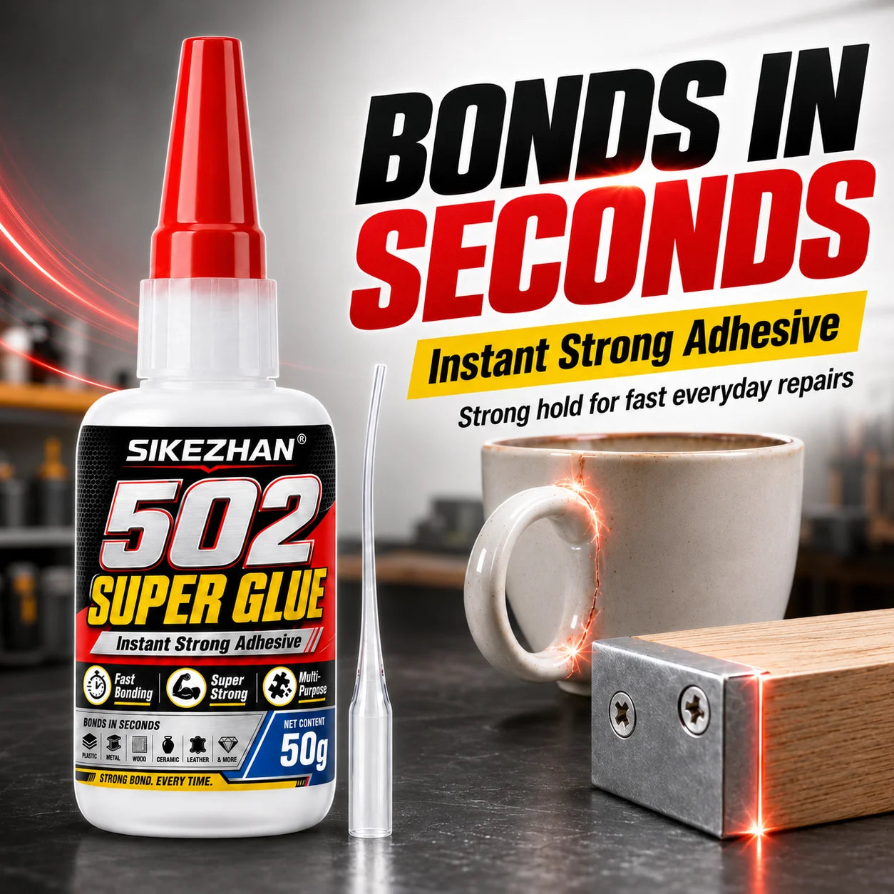 SIKEZHAN® 50g 502 Super Glue Cyanoacrylate Adhesive, Instant Quick Dry Strong Bond for Leather Rubber Glass Wood Metal Repairs