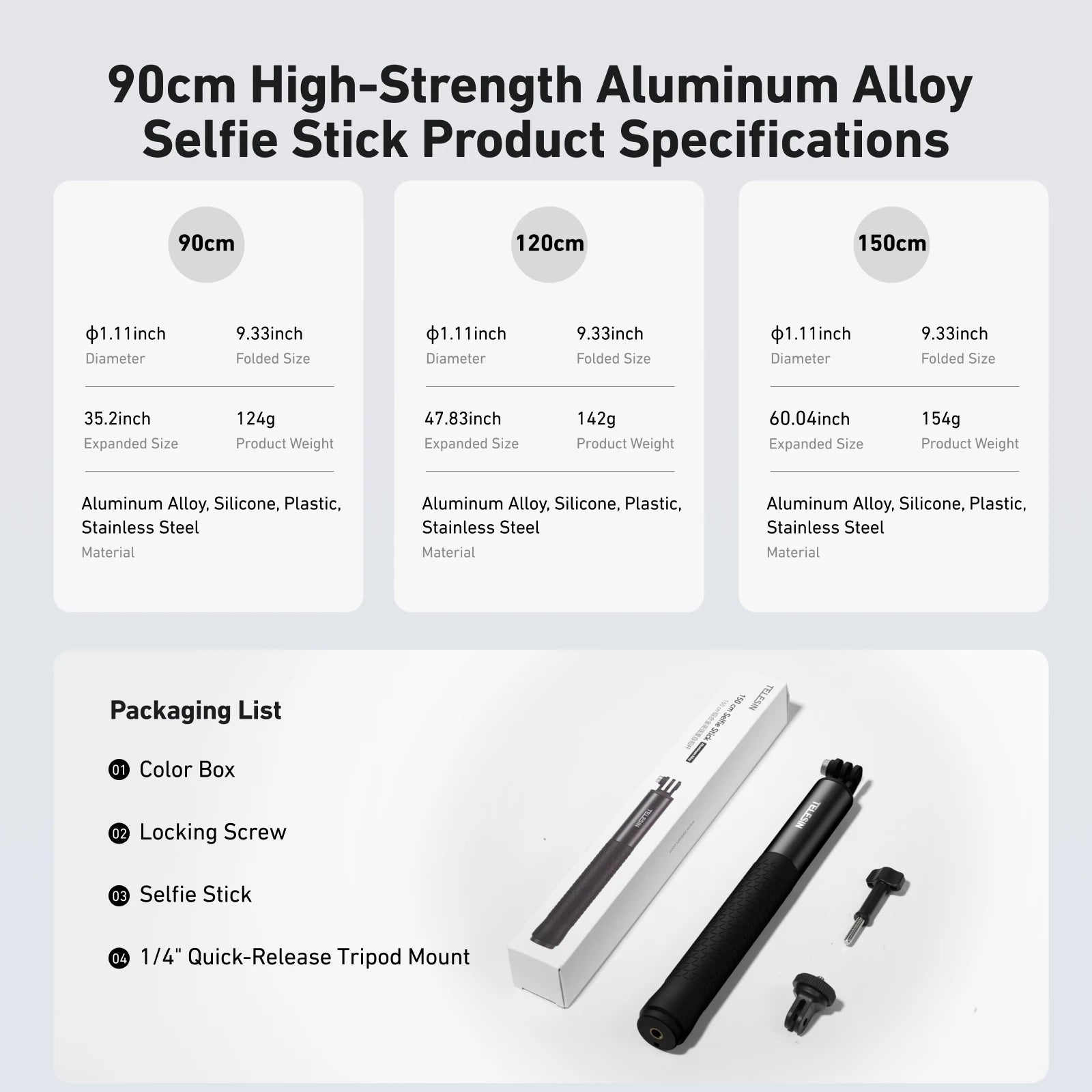 TELESIN Aluminum Selfie Stick Tripod Mount for GoPro Hero 13 12 11 10 9 8 Insta360 DJI Osmo Action Camera Lightweight Monopod