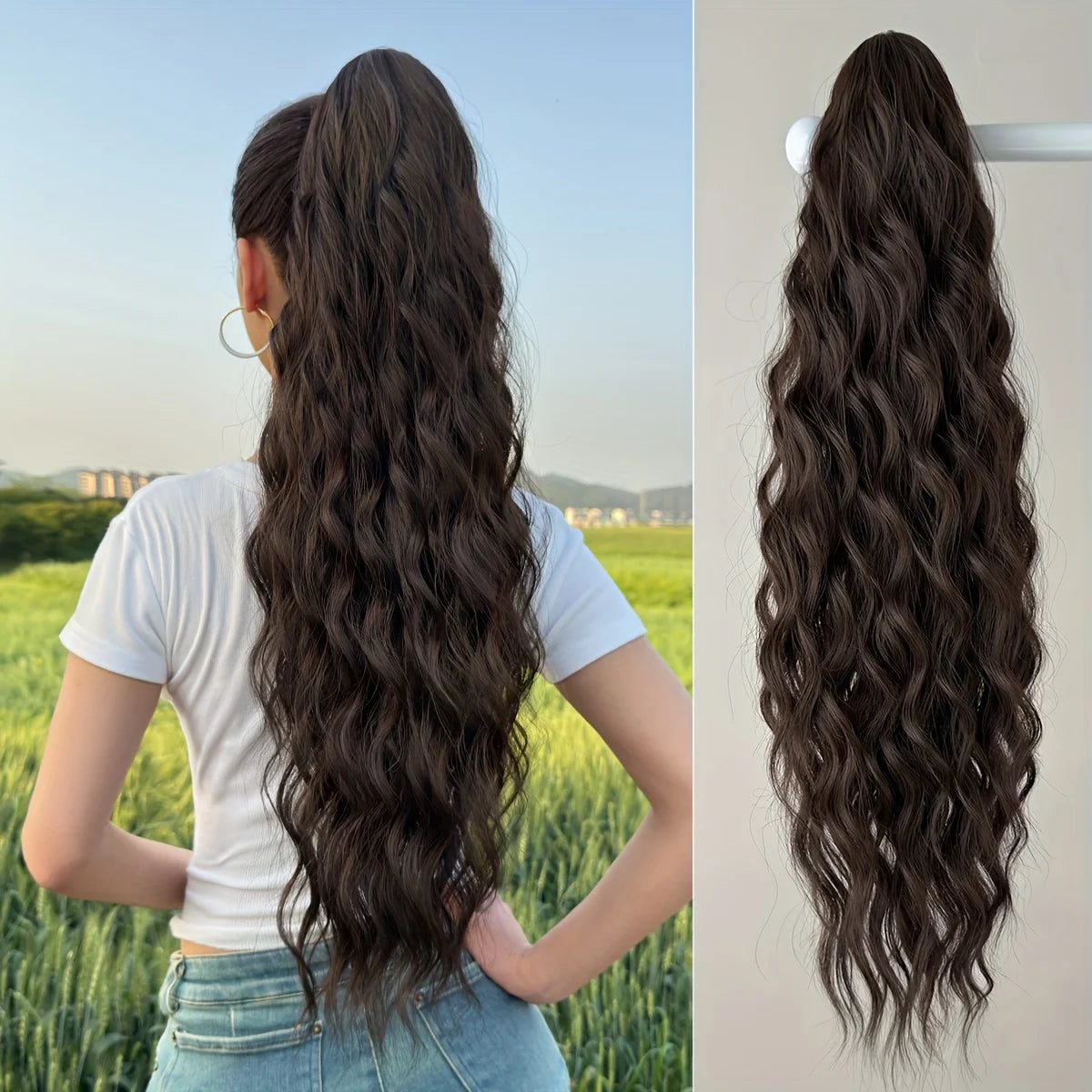 AOOSOO Synthetic Water Ponytail Hair Extension Clip On Woman's Ponytail Hair Accessories Long Curly Wig Natural Curly Black