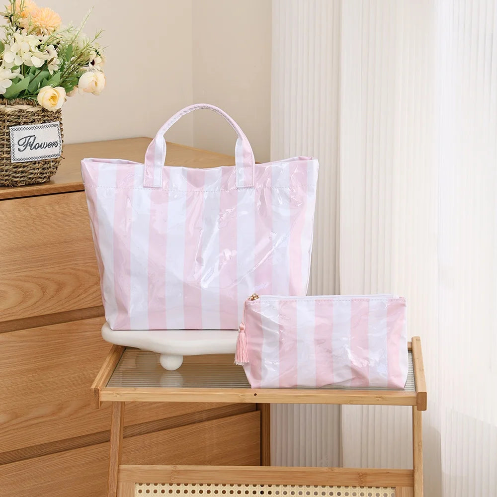 1 PC Fashion Striped Tote Bag For Women Lightweight Large Capacity Commute Handbag Portable Travel Single Shoulder Bag
